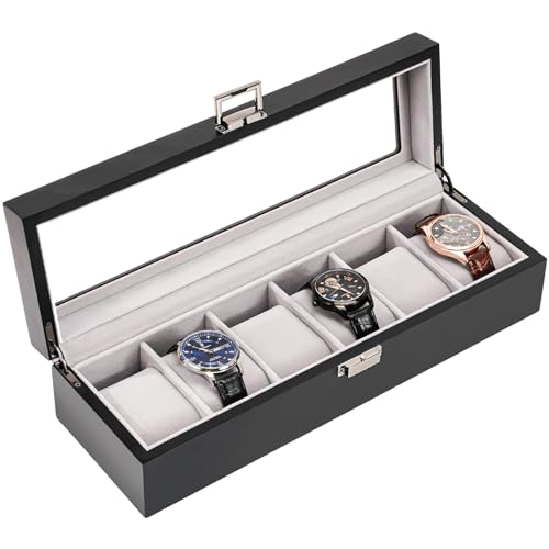 ProCase Wooden Watch Box for Men, 6 Slot Watch Display Case Mens Watch Box Organizer, Wood Watch Case for Men Watch Storage, Father's Day Gift Watch Holder Organizer with Glass Lid -MatteBlack - Image 1