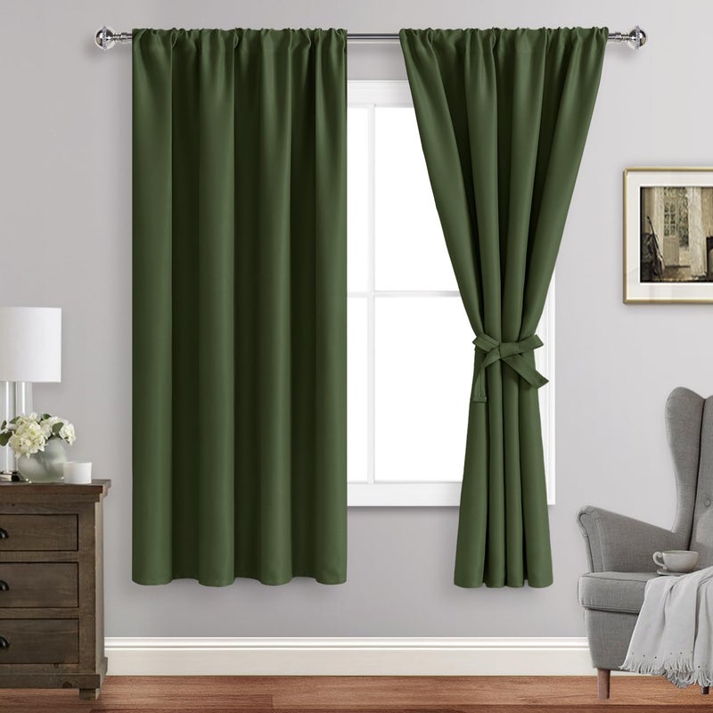 JIUZHEN Blackout Curtains for Bedroom - Thermal Insulated,Noise Reducing Room Darkening Privacy Rod Pocket Drapes for Living Room, Set of 2 Panels with Tiebacks, 42 x 63 inches Long, Olive Green - Image 1
