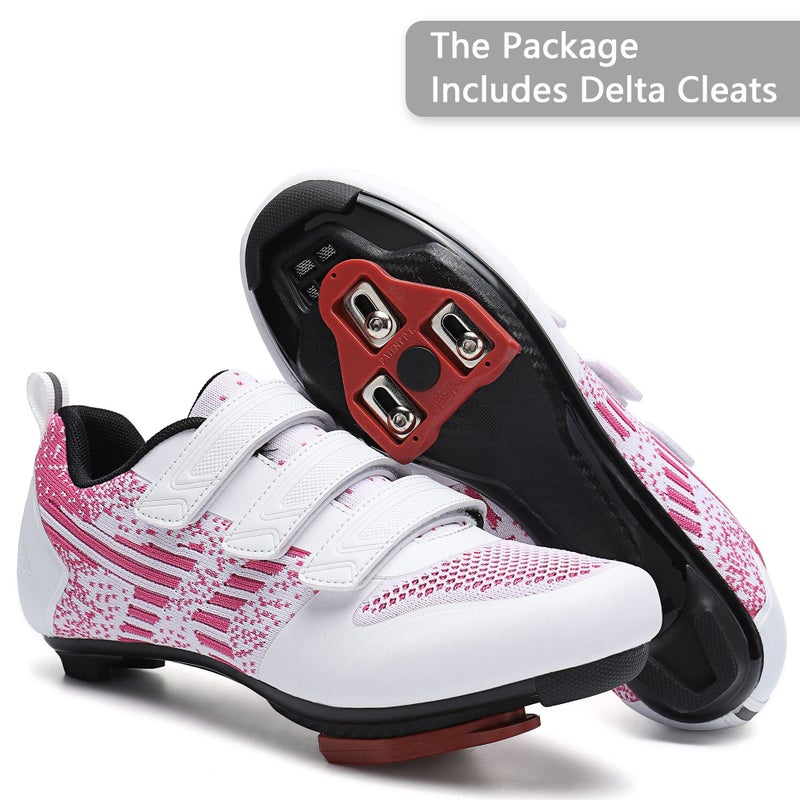 Unisex Road Bike Cycling Shoes Compatible with Peloton Shimano SPD Bike Riding Shoes for Men Women, 3 Straps, Pre-Installed Delta Cleats for Indoor Outdoor Cycling Biking Size 7 (White-Pink) - Image 3