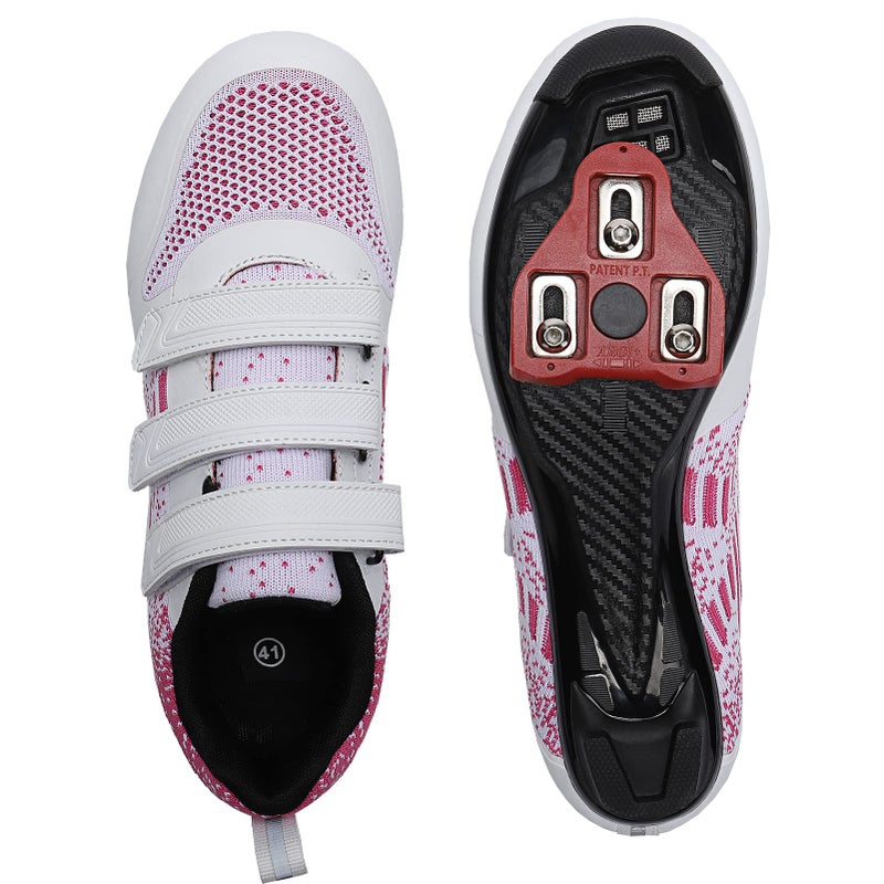 Unisex Road Bike Cycling Shoes Compatible with Peloton Shimano SPD Bike Riding Shoes for Men Women, 3 Straps, Pre-Installed Delta Cleats for Indoor Outdoor Cycling Biking Size 7 (White-Pink) - Image 4