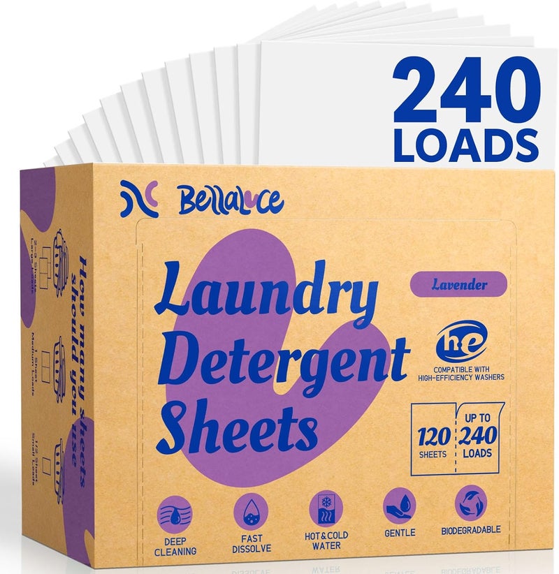 Bellaluce Laundry Detergent Sheets, 240 Loads, Lavender, Travel & Home Essentials | Plastic-Free Laundry Detergent, Fast-Dissolving, Hypoallergenic Formula Laundry Sheets, Space-Saving for Home, Dorms & Travel - Image 1