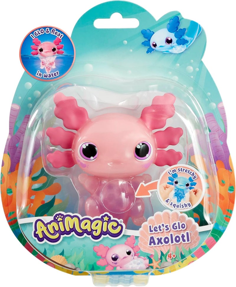 Animagic Let's Glo Axolotl - Pink, Electronic & Luminous Pet Children from 4 Years, Sensory Game & Tactile Experience, Stretchy Body, Cuddly Toy That Floats & Glows in the Water - Image 1