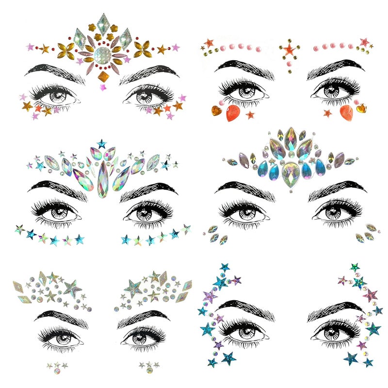 6 Pcs Festival Party Face Jewels, Rhinestone Face Gems, Halloween Music Festival Birthday Rave Carnival Party Face Stickers