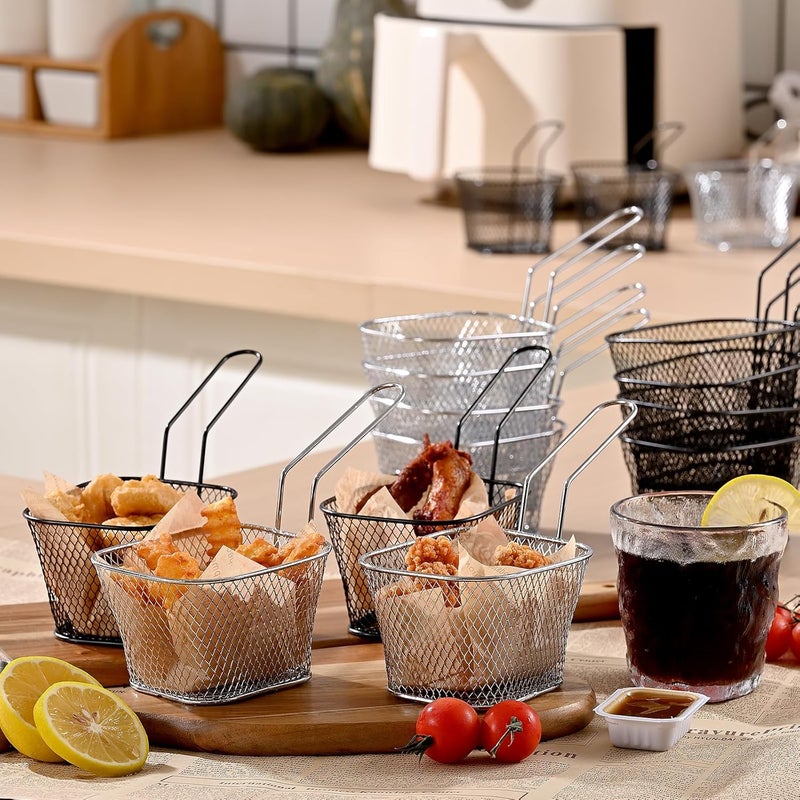 8pcs Mini Square Fry Baskets 4.1x3.3x2.6Inches, French fry basket Table Serving Fryer Baskets（black)