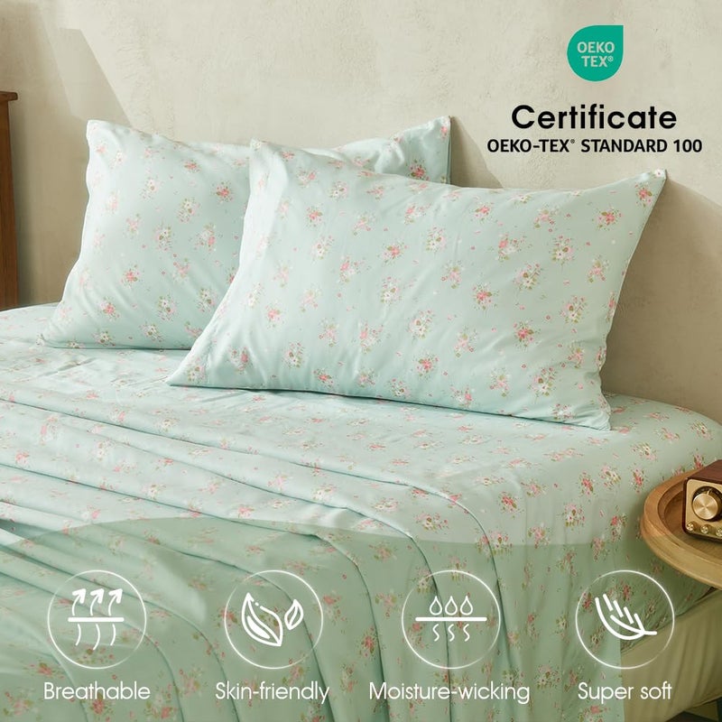 HYPREST Mint Floral Sheets Queen Size, Deep Pocket Sheets Soft Breathable Farmhouse 4pcs Bed Sheet Sets - Image 2