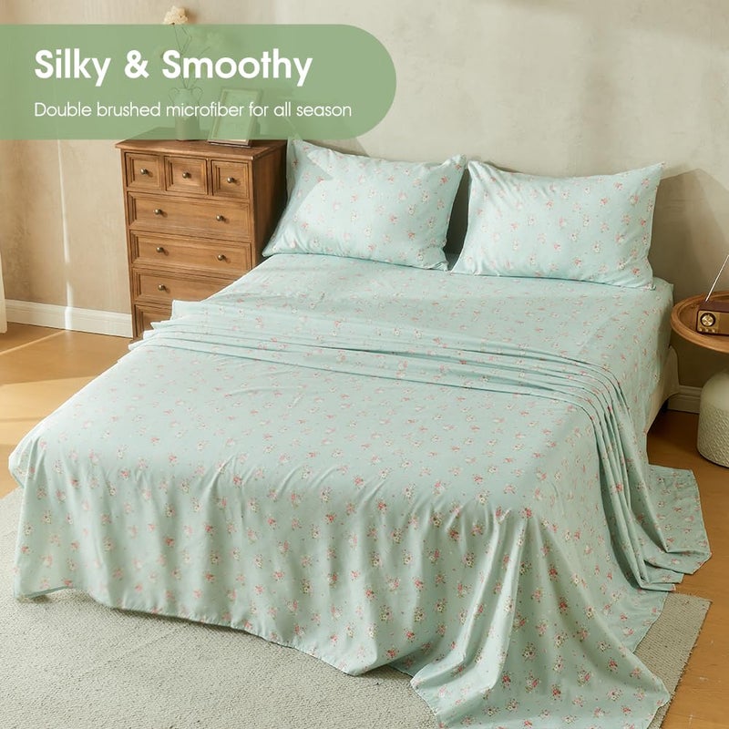 HYPREST Mint Floral Sheets Queen Size, Deep Pocket Sheets Soft Breathable Farmhouse 4pcs Bed Sheet Sets - Image 3