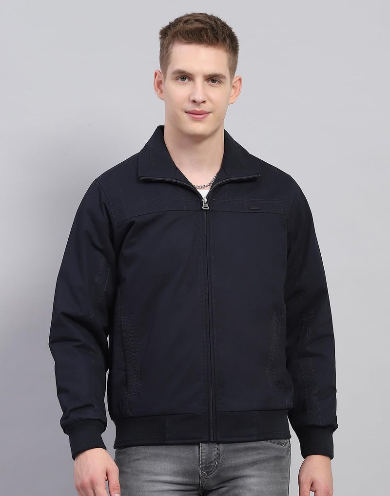 Monte Carlo Mens Solid Navy Blue Collar Full Sleeve Jacket - Image 2