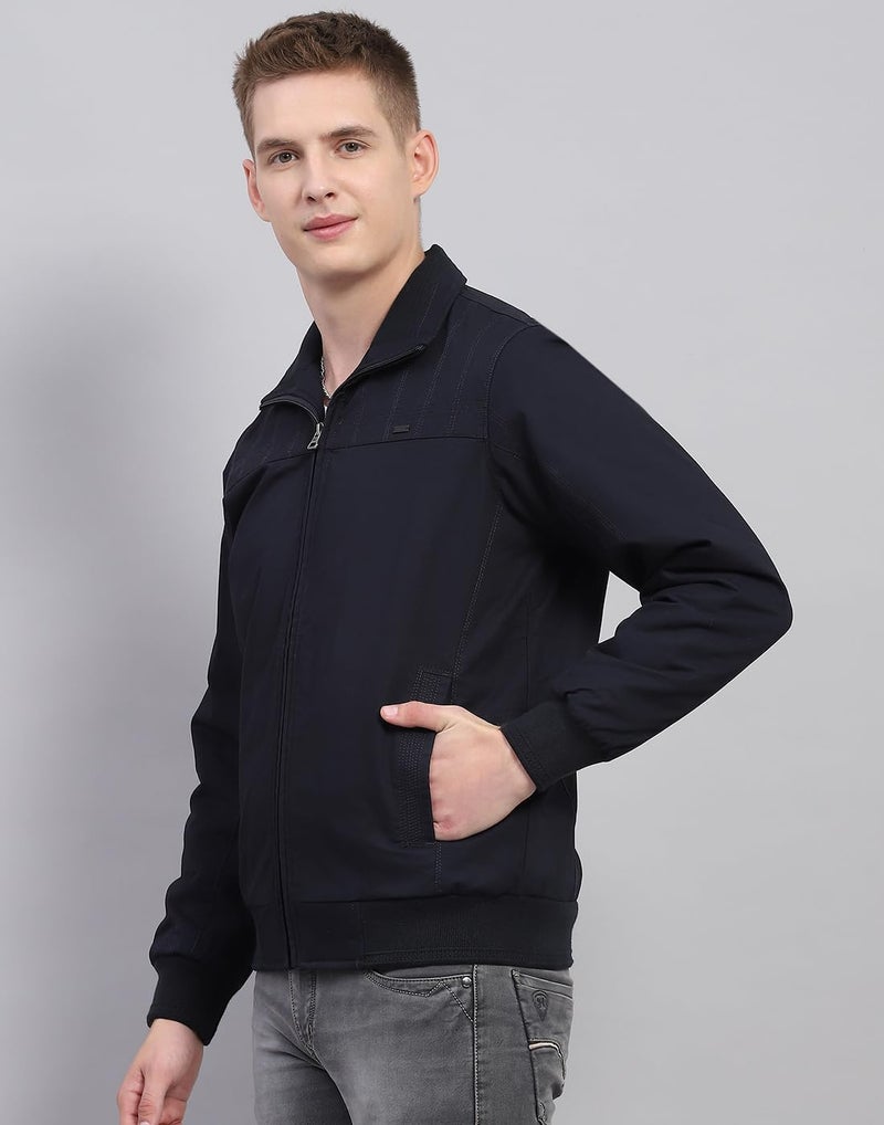 Monte Carlo Mens Solid Navy Blue Collar Full Sleeve Jacket - Image 3