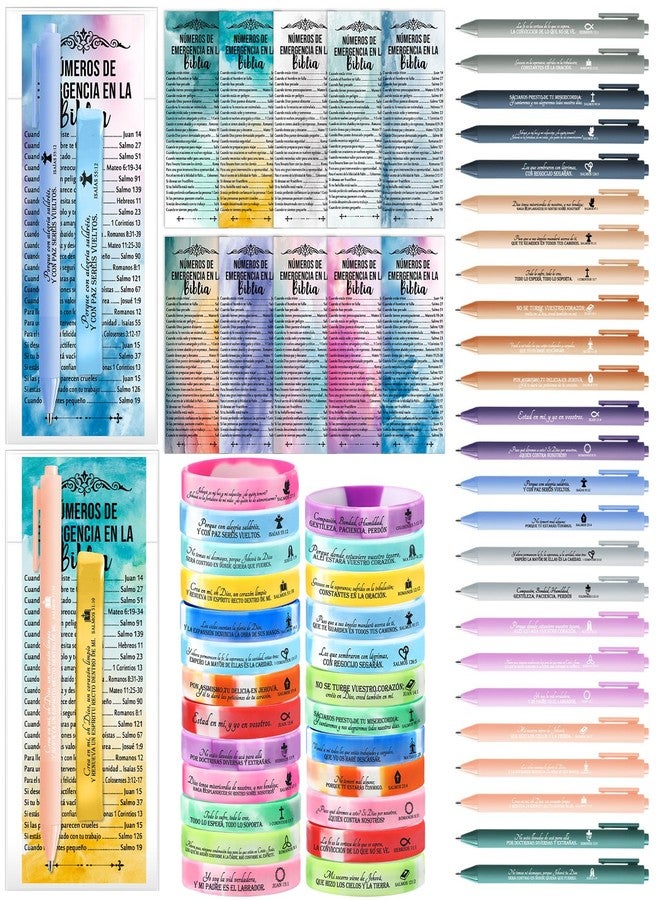 Feifeiya 25 Sets Spanish Christian Gifts Bulk Regalos de Pascua, Bible Emergency Numbers Bookmarks, Scripture Wristbands& Pens Church Easter Giveaways, Bible Study Appreciation Supplies - Image 1