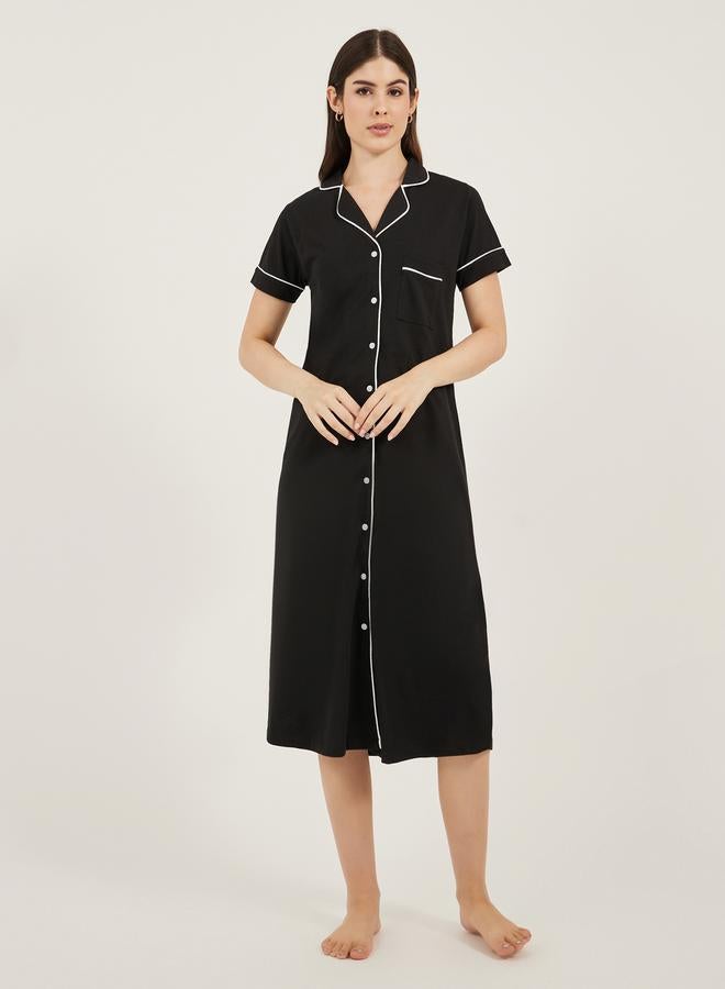 Styli Contrast Piping Buttoned Night Shirt with Pocket  - Image 1