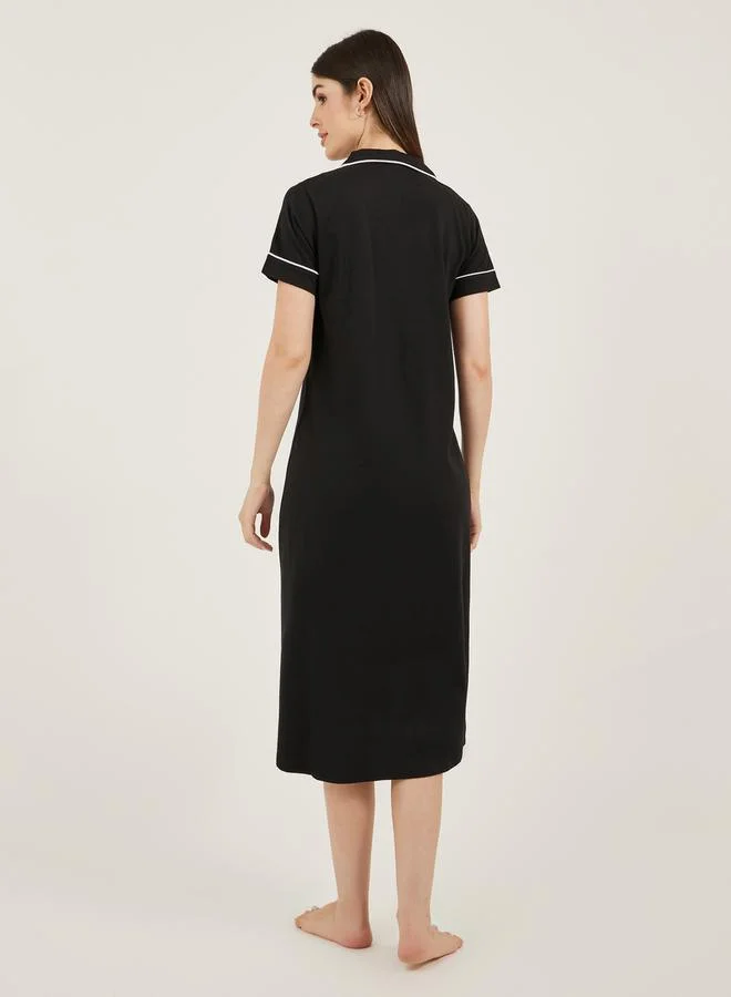 Styli Contrast Piping Buttoned Night Shirt with Pocket