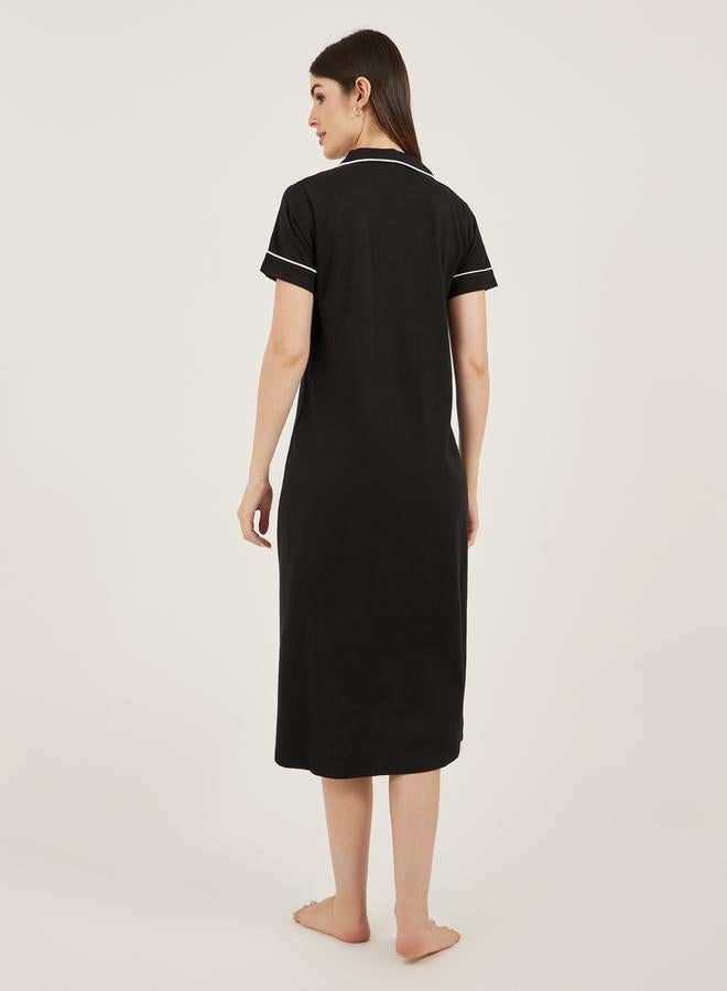 Styli Contrast Piping Buttoned Night Shirt with Pocket  - Image 4