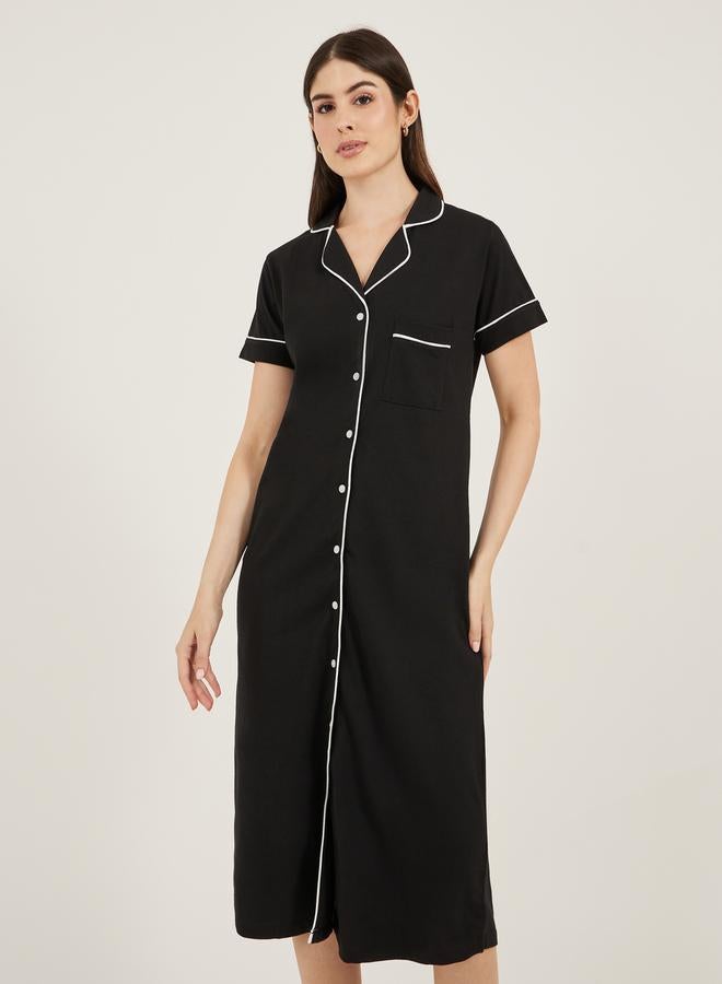 Styli Contrast Piping Buttoned Night Shirt with Pocket  - Image 2