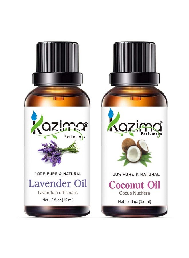 KAZIMA Combo Of Lavender Essential Oil And Coconut Carrier Oil - 100% Pure & Natural Oil For Acne, Skin Lightening, Wrinkles, Hair Growth, Dandruff & Aromatherapy, 15 Ml Each - Image 1