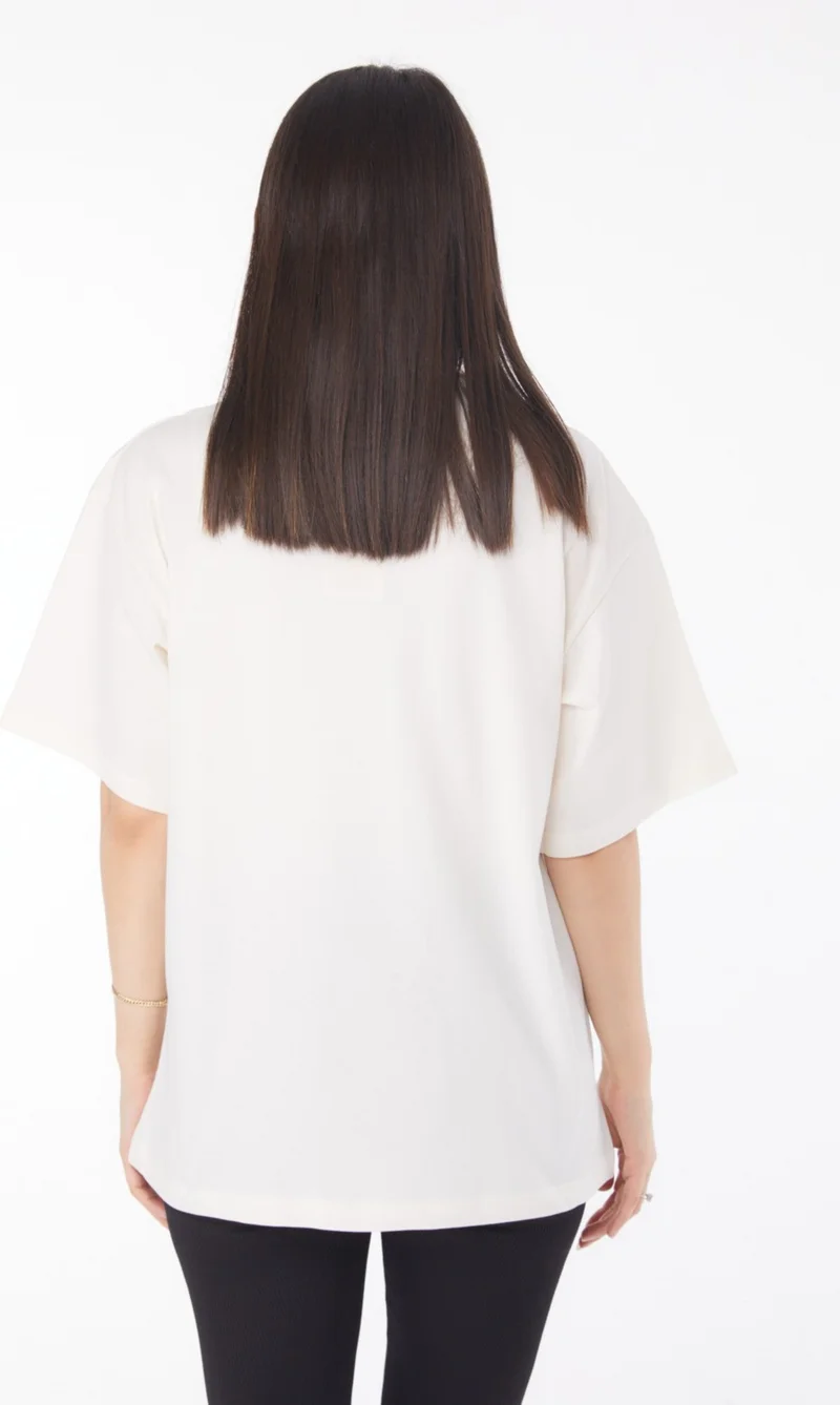 Tofisa Plain Navy Collar Women's Beige V Neck T-Shirt - 25767