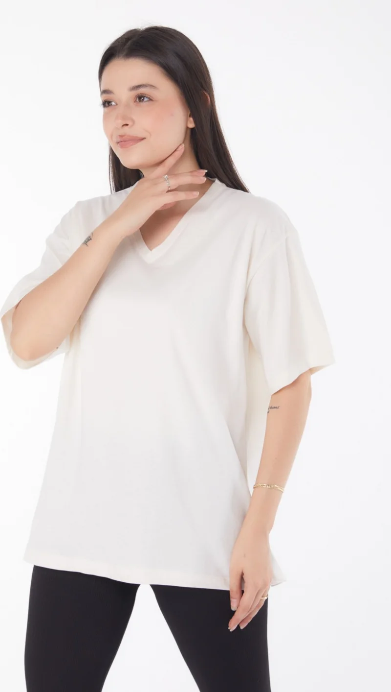 Tofisa Plain Navy Collar Women's Beige V Neck T-Shirt - 25767