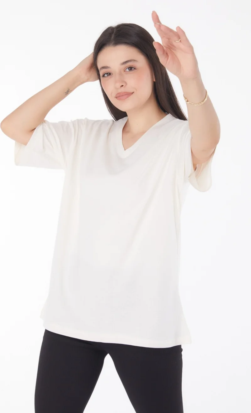 Tofisa Plain Navy Collar Women's Beige V Neck T-Shirt - 25767