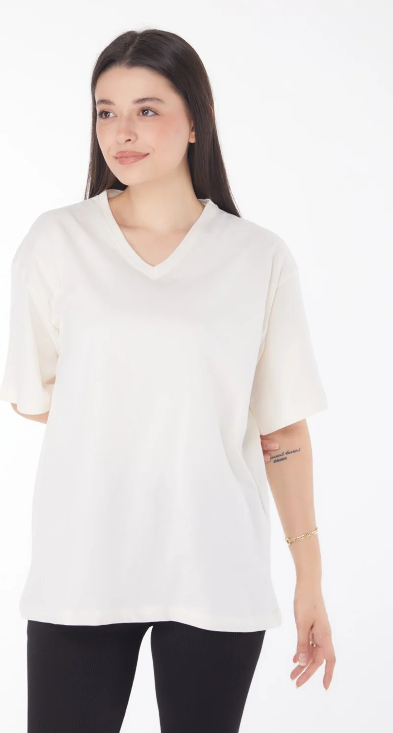 Tofisa Plain Navy Collar Women's Beige V Neck T-Shirt - 25767