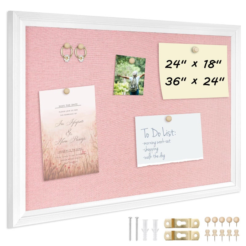 DOLLAR BOSS Bulletin Board with Linen 24'' x 18'' White Framed Cork Boards for Walls, Photo Display Pin Board, Decorative Corkboard for Office Home School Girls Dorm Decor with 10 Pushpins, Pink - Image 1