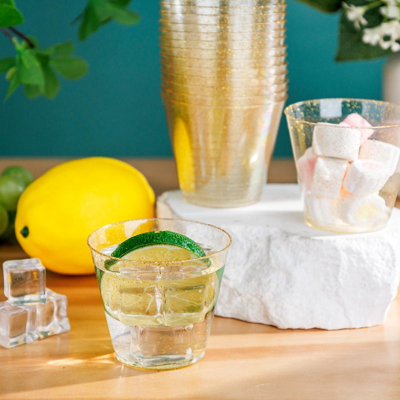 I00000 5oz 100 Pack Gold Glitter Plastic Cups  Glitter Disposable Small Plastic Cups  Plastic Clear Cups with Gold Glitter Shot Glasses  Plastic Small Tumbler Perfect for Wedding & Party - Image 3