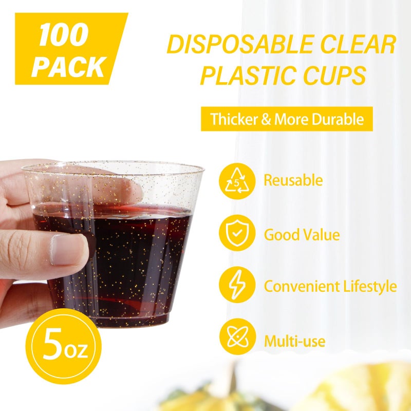 I00000 5oz 100 Pack Gold Glitter Plastic Cups  Glitter Disposable Small Plastic Cups  Plastic Clear Cups with Gold Glitter Shot Glasses  Plastic Small Tumbler Perfect for Wedding & Party - Image 1