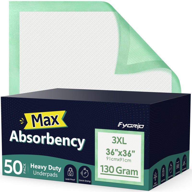 Fygrip 50 Count Hospital Grade 130 Gram 36â€ x 36â€ Max Absorbency Disposable Underpads, Leakproof Quick Drying XXXL Bed Pads Disposable for Adults, Kids, Pets Incontinence Pads, Pee Pads - Image 1