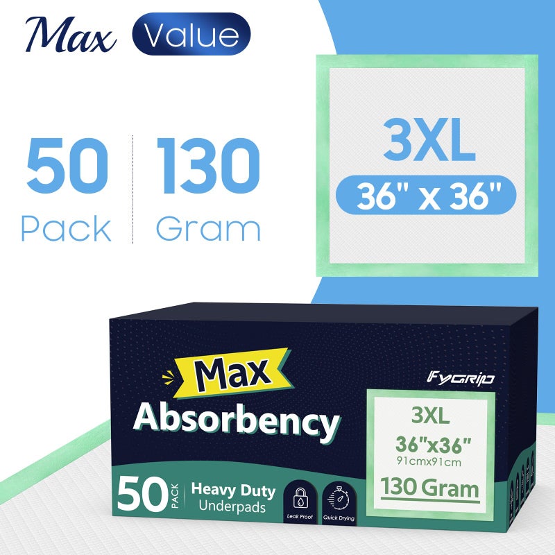Fygrip 50 Count Hospital Grade 130 Gram 36â€ x 36â€ Max Absorbency Disposable Underpads, Leakproof Quick Drying XXXL Bed Pads Disposable for Adults, Kids, Pets Incontinence Pads, Pee Pads - Image 2
