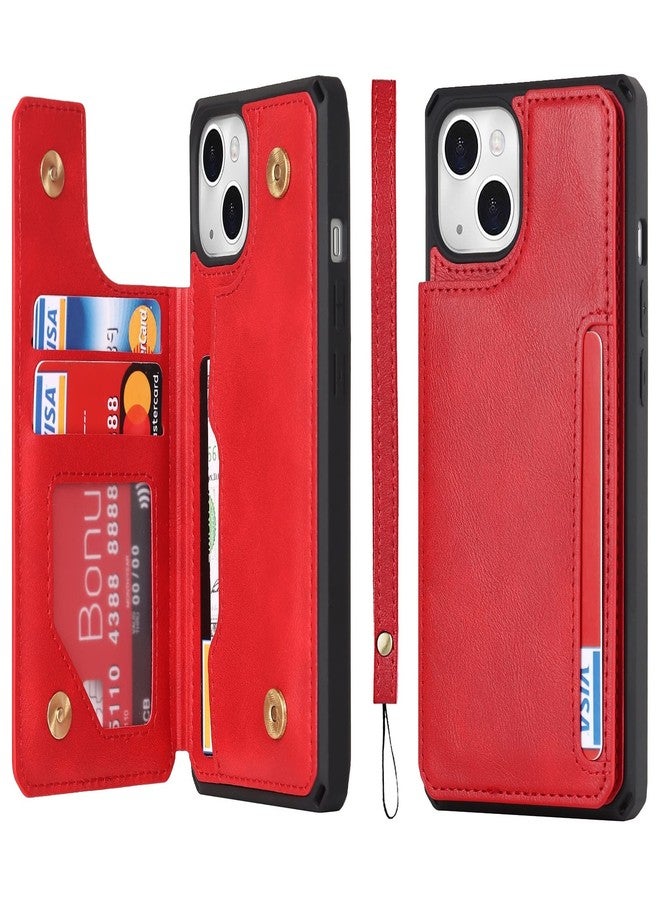 iCoverCase Compatible with iPhone 14 Wallet Case with Card Slots Holder and Wrist Strap PU Leather Kickstand Double Magnetic Clasp Shockproof Cover Case 6.1 Inch (Red) - Image 1