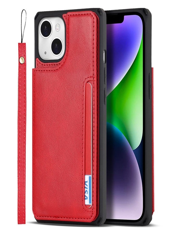 iCoverCase Compatible with iPhone 14 Wallet Case with Card Slots Holder and Wrist Strap PU Leather Kickstand Double Magnetic Clasp Shockproof Cover Case 6.1 Inch (Red) - Image 3