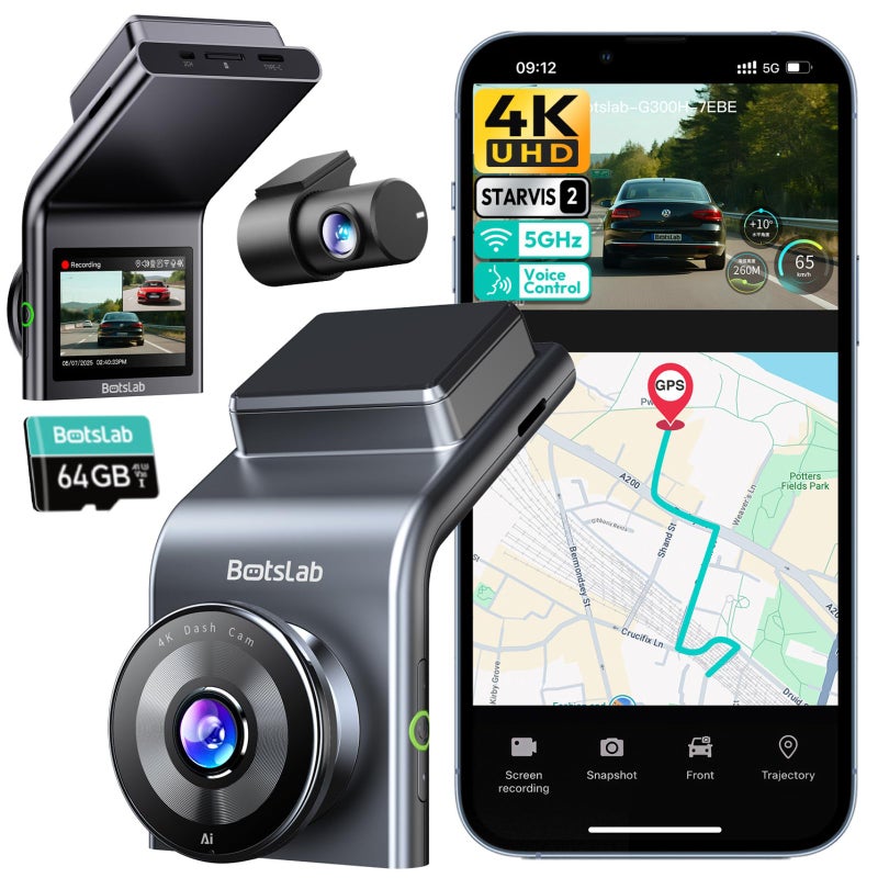 BOTSLAB 4K Dash Cam Front and Rear, STARVIS 2 Sensor, Voice Control, 64GB Card Included, 5GHz WiFi Dashcam Front and Rear Camera, Built in GPS, WDR Night Vision, 170Â°Wide Angle, 24H Parking Mode - Image 1
