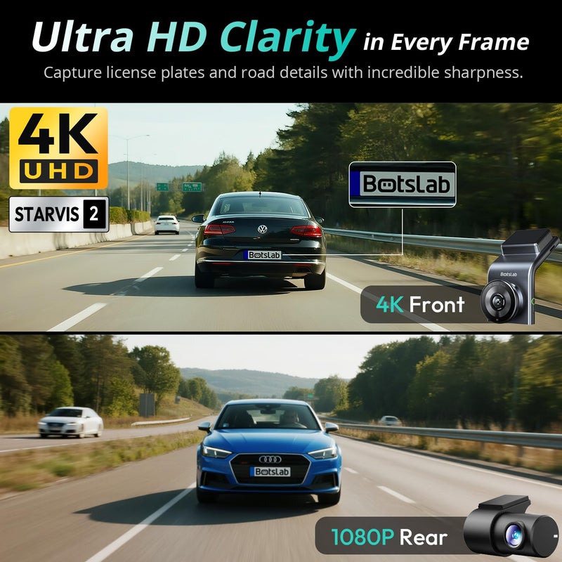 BOTSLAB 4K Dash Cam Front and Rear, STARVIS 2 Sensor, Voice Control, 64GB Card Included, 5GHz WiFi Dashcam Front and Rear Camera, Built in GPS, WDR Night Vision, 170Â°Wide Angle, 24H Parking Mode - Image 2