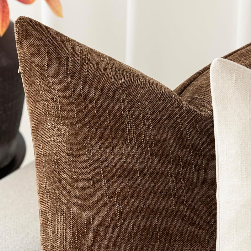 Foindtower Set of 2 Soft Textured Chenille Throw Decorative Pillow Covers Square Accent Solid Cushion Cover Cozy Neutral Farmhouse Pillow Case for Couch Sofa Bedroom Living Room 18x18 Inch,Dark Bronze - Image 2