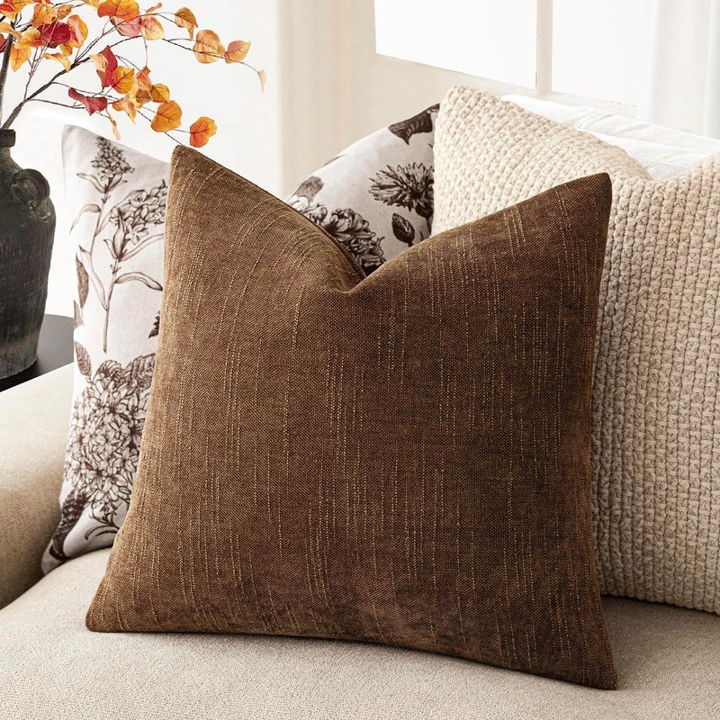 Foindtower Set of 2 Soft Textured Chenille Throw Decorative Pillow Covers Square Accent Solid Cushion Cover Cozy Neutral Farmhouse Pillow Case for Couch Sofa Bedroom Living Room 18x18 Inch,Dark Bronze - Image 5