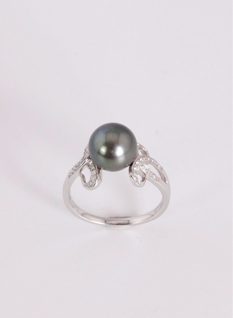 MIKURA Ring, Freshwater Pearls, A Quality, Treated Black Color, 9.0-8.5MM, 18KW, 34D-0.12Cts, VS Clarity, G/H Color  - Image 2