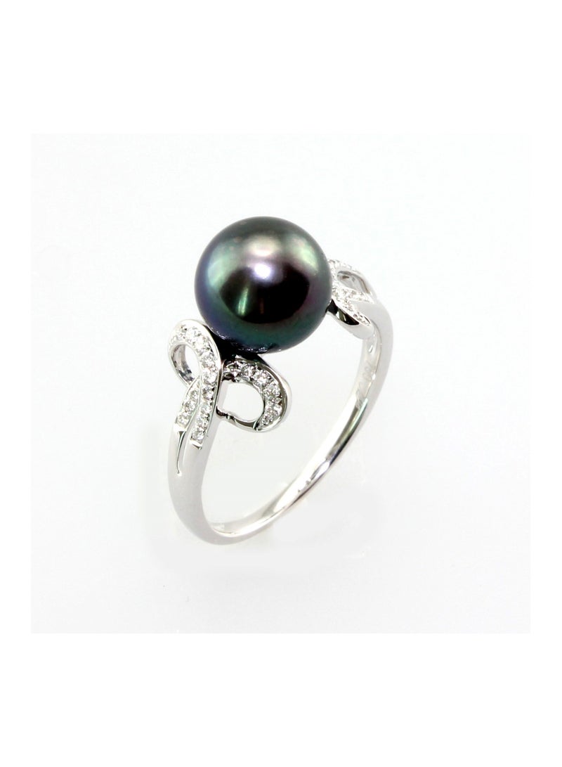 MIKURA Ring, Freshwater Pearls, A Quality, Treated Black Color, 9.0-8.5MM, 18KW, 34D-0.12Cts, VS Clarity, G/H Color  - Image 1