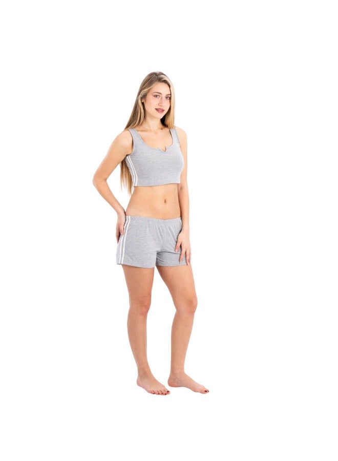 zecotex  Women's 2-Piece Soft Natural Cotton Loungewear Set - Sleeveless Crop Top & Elastic Shorts - Heather Grey. - Image 2
