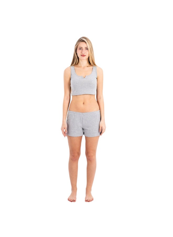 zecotex  Women's 2-Piece Soft Natural Cotton Loungewear Set - Sleeveless Crop Top & Elastic Shorts - Heather Grey. - Image 1