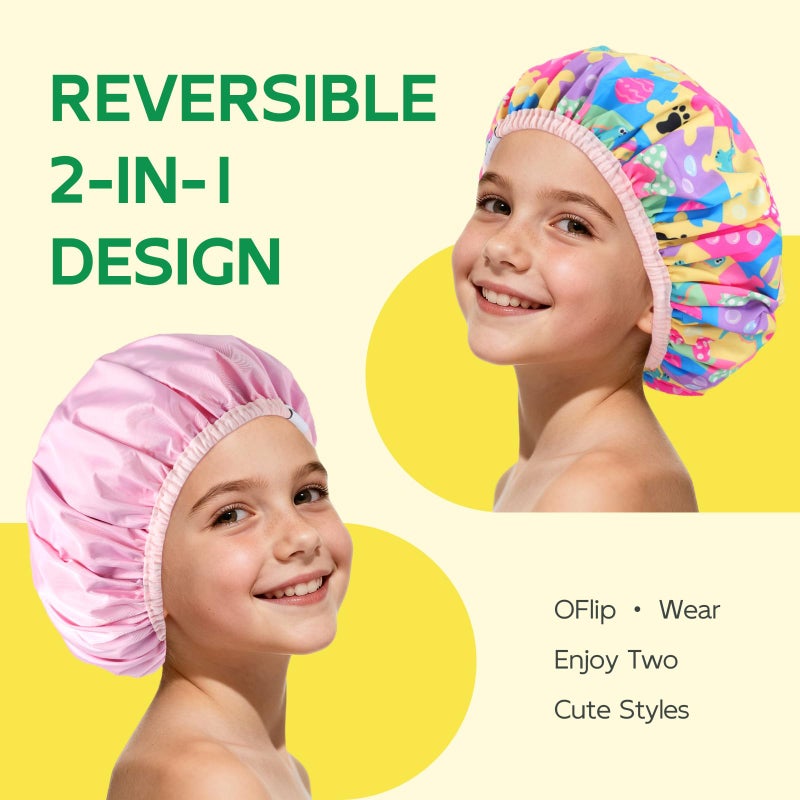 Years calm Kids Shower Cap, Waterproof Reusable Cartoon Bath Cap with Double Layers & Soft Elastic Band, Washable shower cap for kids, Great for Daily Bath(multi-colored, One Size) - Image 4