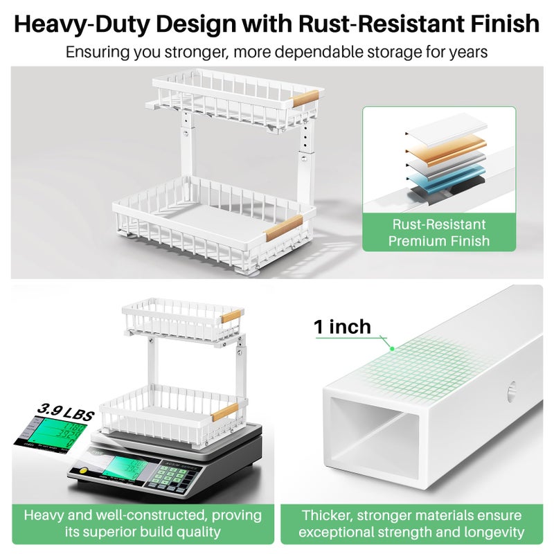 Kitstorack Under Sink Organizer, 2 Tier Under the Sink Storage, Slide out Pull out Cabinet Organizer Shelf, Metal Sliding Drawer for Kitchen Bathroom Pantry Closet Organization Rack, White, 2 Pack - Image 5