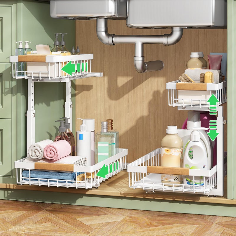 Kitstorack Under Sink Organizer, 2 Tier Under the Sink Storage, Slide out Pull out Cabinet Organizer Shelf, Metal Sliding Drawer for Kitchen Bathroom Pantry Closet Organization Rack, White, 2 Pack - Image 1