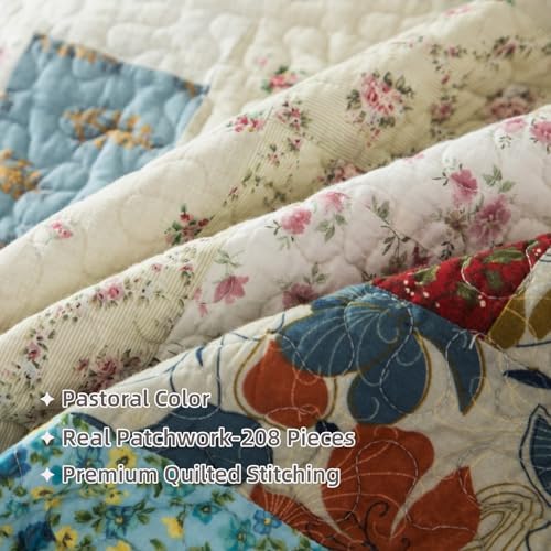 meadow park Cotton Real Patchwork Quilt Set 3-Piece. 100% Washed Cotton. 208 Hand Cut Patches. Allover Quilting. Reversible Coverlet Set. (King) - Image 4