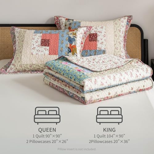 meadow park Cotton Real Patchwork Quilt Set 3-Piece. 100% Washed Cotton. 208 Hand Cut Patches. Allover Quilting. Reversible Coverlet Set. (King) - Image 5