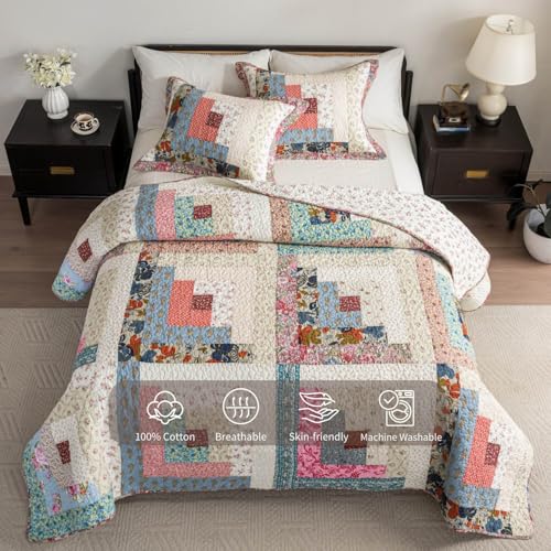 meadow park Cotton Real Patchwork Quilt Set 3-Piece. 100% Washed Cotton. 208 Hand Cut Patches. Allover Quilting. Reversible Coverlet Set. (King) - Image 3