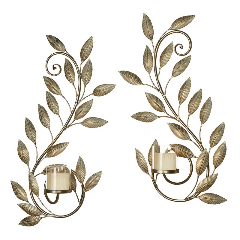 Touch of Class Touch of Class Leaf Reverie Wall Sconces Set  Golden Bronze  Set of 2  Nature Inspired  Metal Vining Leaves  Raised Candle Cups 