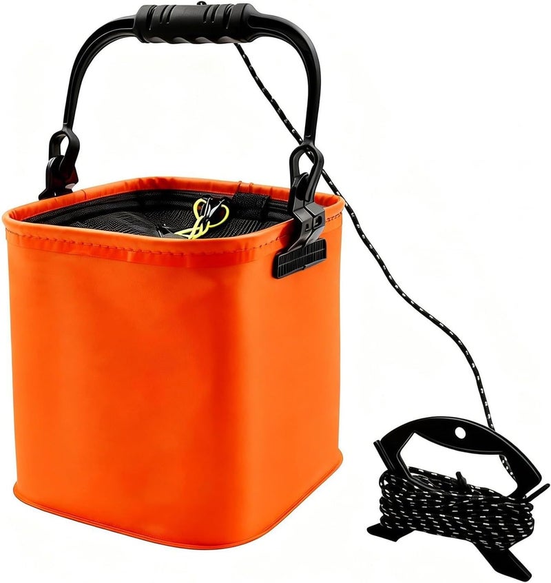 DEXO Folding Fishing Bucket with 5M Rope & Mesh Cover – Portable EVA Live Bait Bucket for Fishing, Camping, Hiking & Car Washing - Image 1