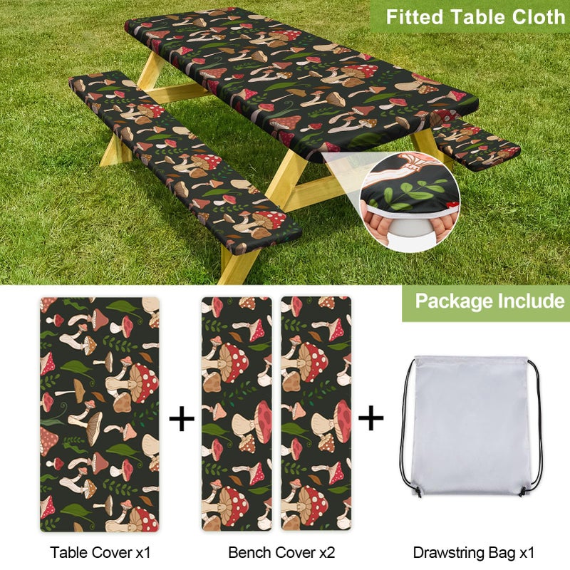 Play Tailor Picnic Table Cover with Bench Covers Camping Essentials Waterproof Windproof Camping Tablecloth with Drawstring Bag, Fitted Rectangle Tables and Seats, 72in, Black Red - Image 4
