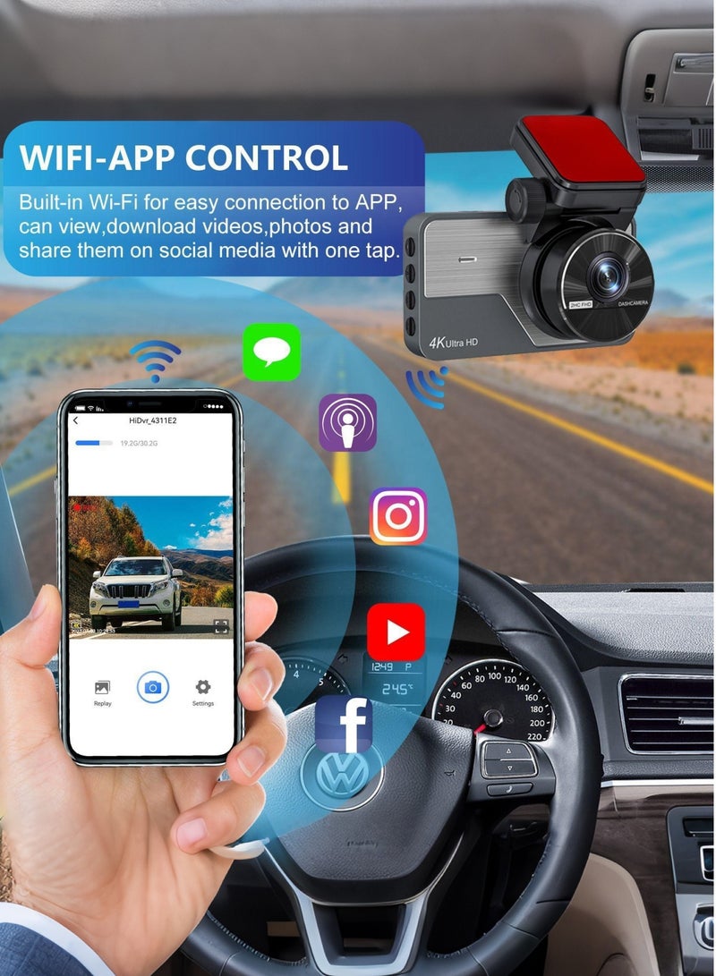 4K Dash Cam Front and Rear Camera – 4K+1080P Dual Dash Camera for Cars with 64GB SD Card, WiFi & App Control, Night Vision, Parking Mode, G-Sensor, Loop Recording, 170° Wide Angle - Image 5