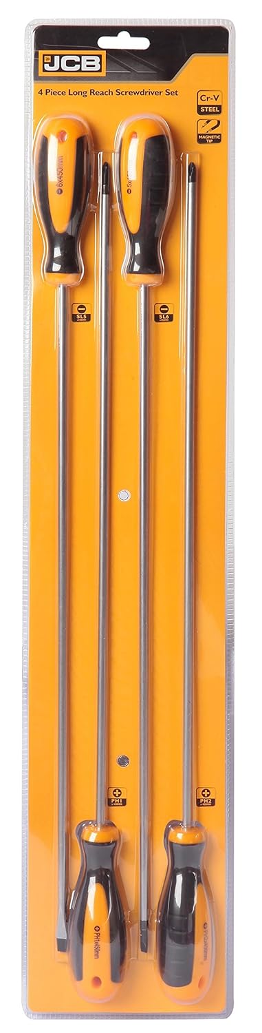 JCB 4pc Screw Driver Set:PH1x450, PH2x450mm, 5x450mm, 6x450mm, Chrome Vanadium Steel Shaft, Chrome Plated, 22025718