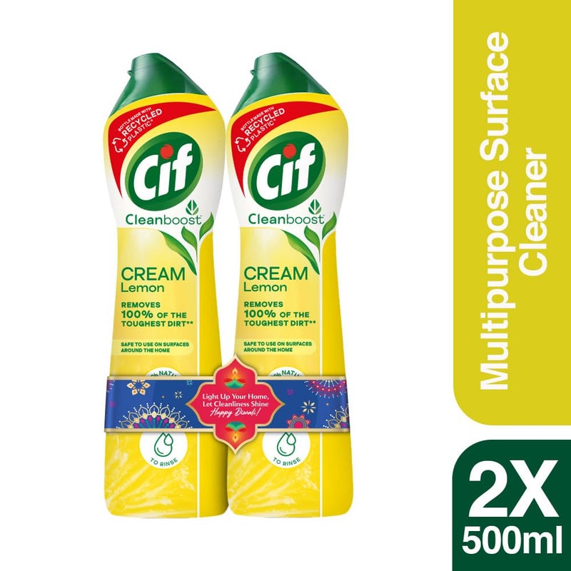 CIF كريم منظف سطحي كريمي ليمون من سيف للمطبخ والحمام، يزيل الدهون والأوساخ والبقع الصعبة مع جزيئات تنظيف طبيعية، 2x500مل - Image 2