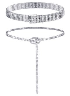 2 Pieces Women Rhinestone Belt for Dress Crystal Diamond Waist Belt Shiny Rhinestone Wide Waist Belt Ladies Belt and Ladies Dress Diamond Chain Belt, Silver,Medium, Fit Waist Size 27 to 34 Inch